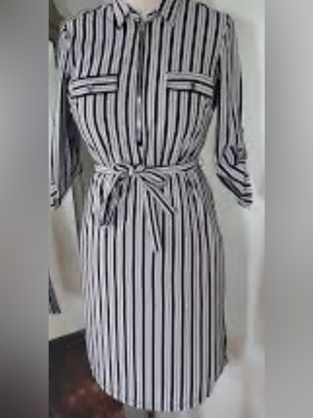Vertical Stripe Shirt Dress with Waist Tie - Black & White